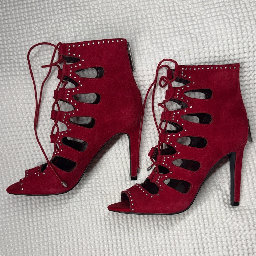 BCBGeneration Red Leather Lace-Up Cutout Heeled Sandals - 36(6)